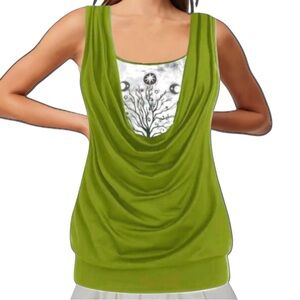 Boutique Green White Tree of Life Strap 2 Pcs Sleeveless Tie Halter Shirt Sz XL